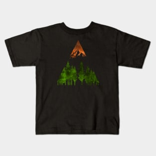 Dramatic mountain and forest scene in green and orange watercolors Kids T-Shirt